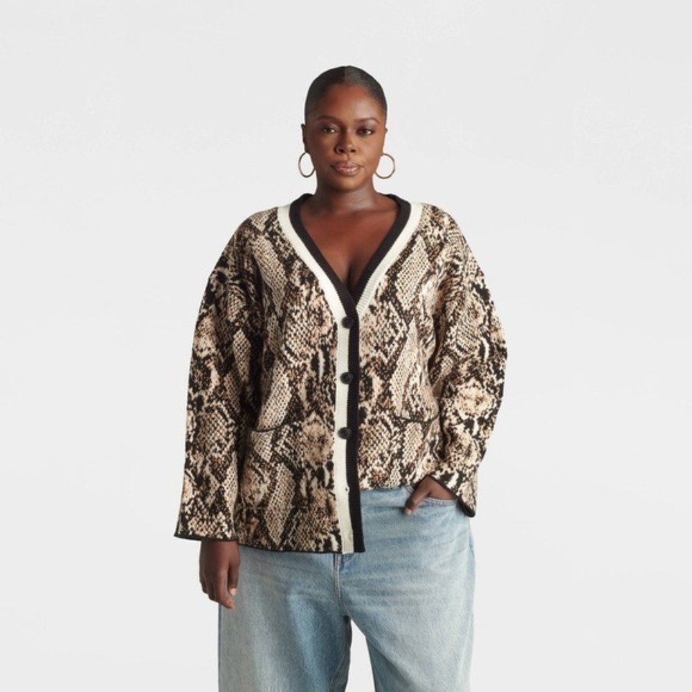 KBB KAHLANA Target Plus 3X 3 X-Large Slouchy Cardigan Snake Print Sweater Brown